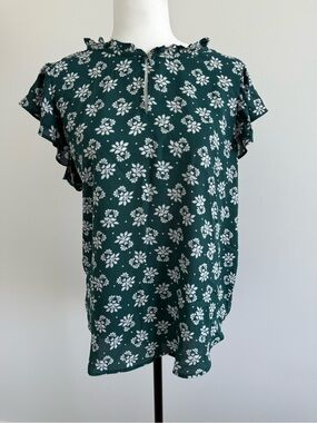 LOFT Dark Green Floral Ruffle Sleeve Blouse